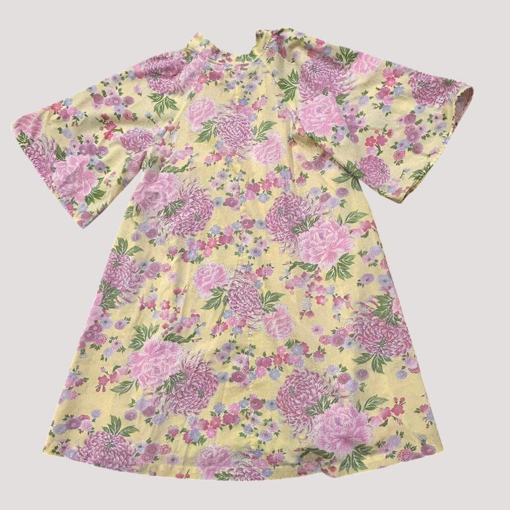 Vintage Yellow Pink Floral Housecoat Angel Sleeve Caftan Lounge Dress Medium -